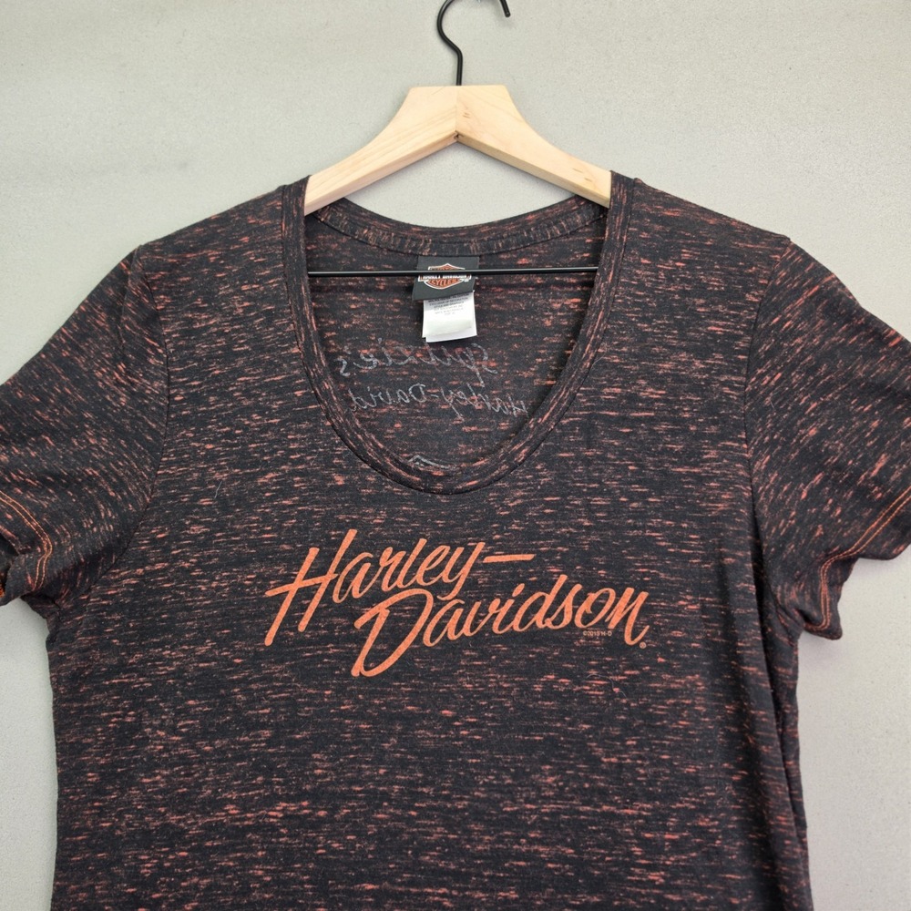 Harley-Davidson Womens XL Space Dye Scoop Tee Black Orange Angel Wings Spitzie's